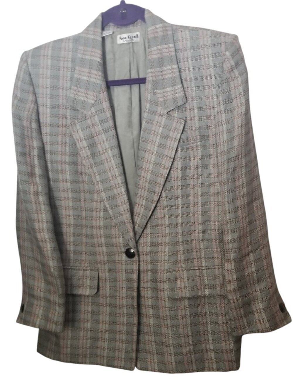 Vtg 70s Anne Klein ll Petites Gray & Pink Camel Plaid Women's Sports Jacket Sz 6